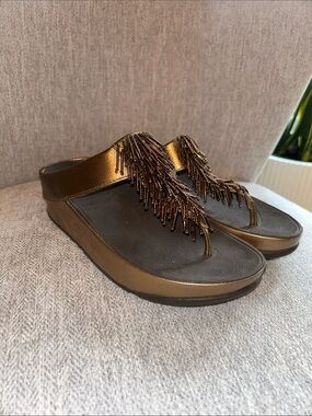 FitFlop Bronze Beaded Fringe Women's Wedge Thong Sandals